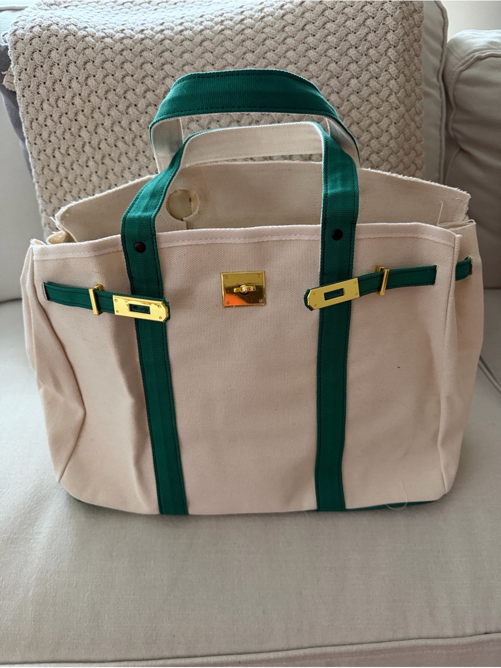 Canvas Tote Bag with Green Trim and Gold Hardware